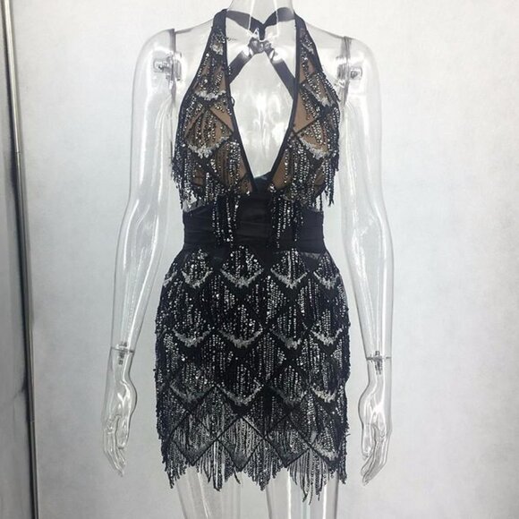 Bodycon Dress Women Deep V Neck Tassel Sequined - Picture 3 of 5